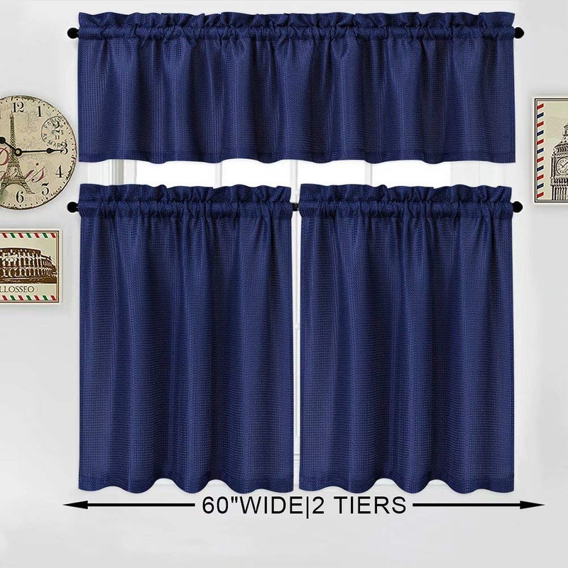 NANAN Kitchen Cafe Curtains,Waffle Weave Textured Tailored Short Curtains for Bathroom Waterproof Window Covering Tier Curtains - 30" x 36", Navy Blue, Set of 2 - Image 5